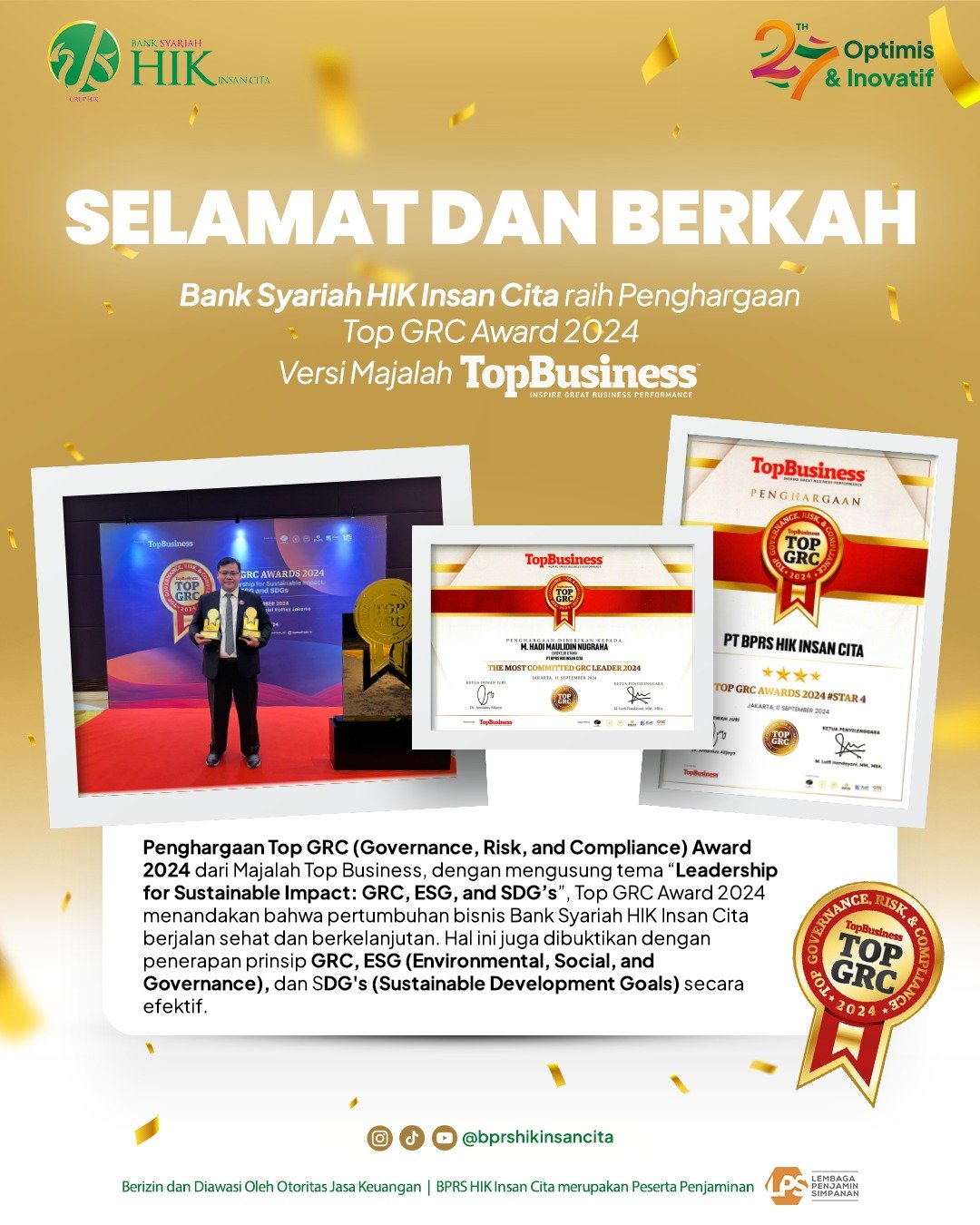 Bank Syariah HIK Insan Cita Raih Penghargaan Top GRC Award 2024